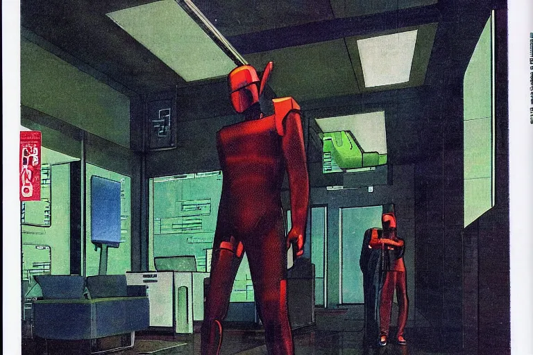 Prompt: 1979 OMNI Magazine Cover depicting a creepy cyber man standing in a large corner office. Cyberpunk Akira style by Vincent Di Fate