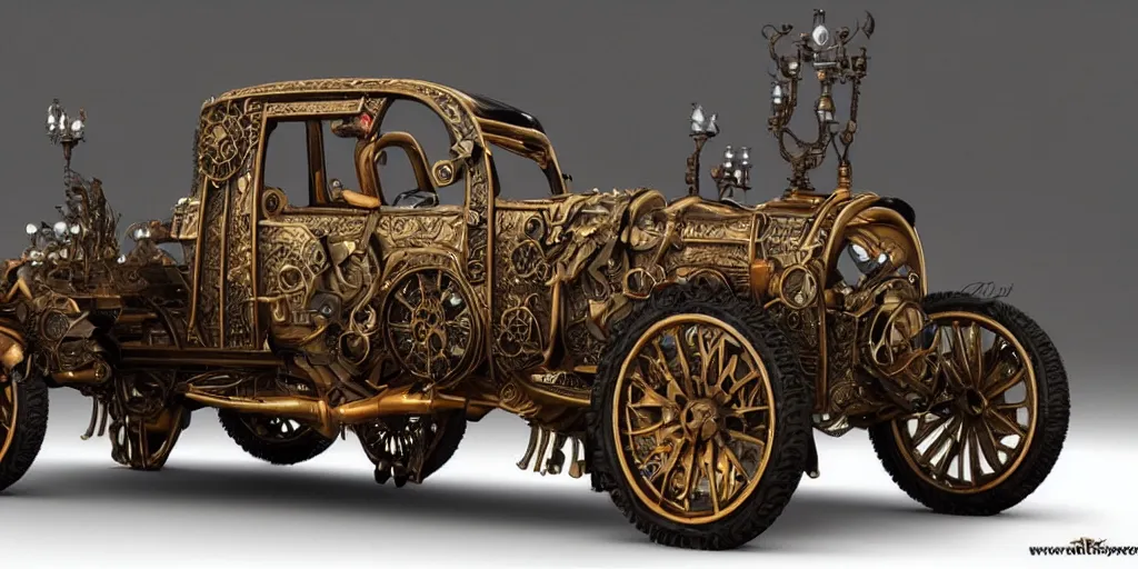 Prompt: Steampunk concept car By Konstantin Razumov, highly detailded