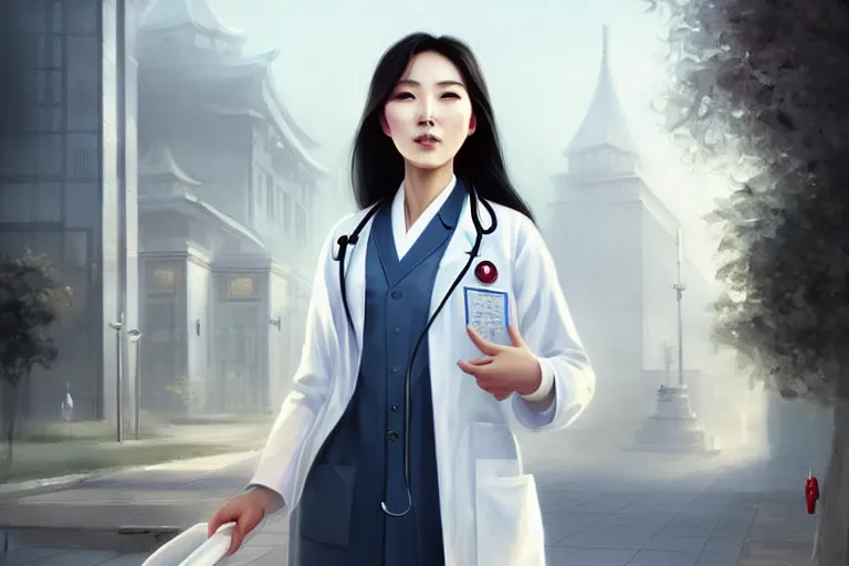 Prompt: an elegant and beautiful chinese female doctor in a white coat in front of a hospital building, cinematic, highly detailed, digital painting, artstation, concept art, matte, sharp focus, illustration, art by artgerm and greg rutkowski