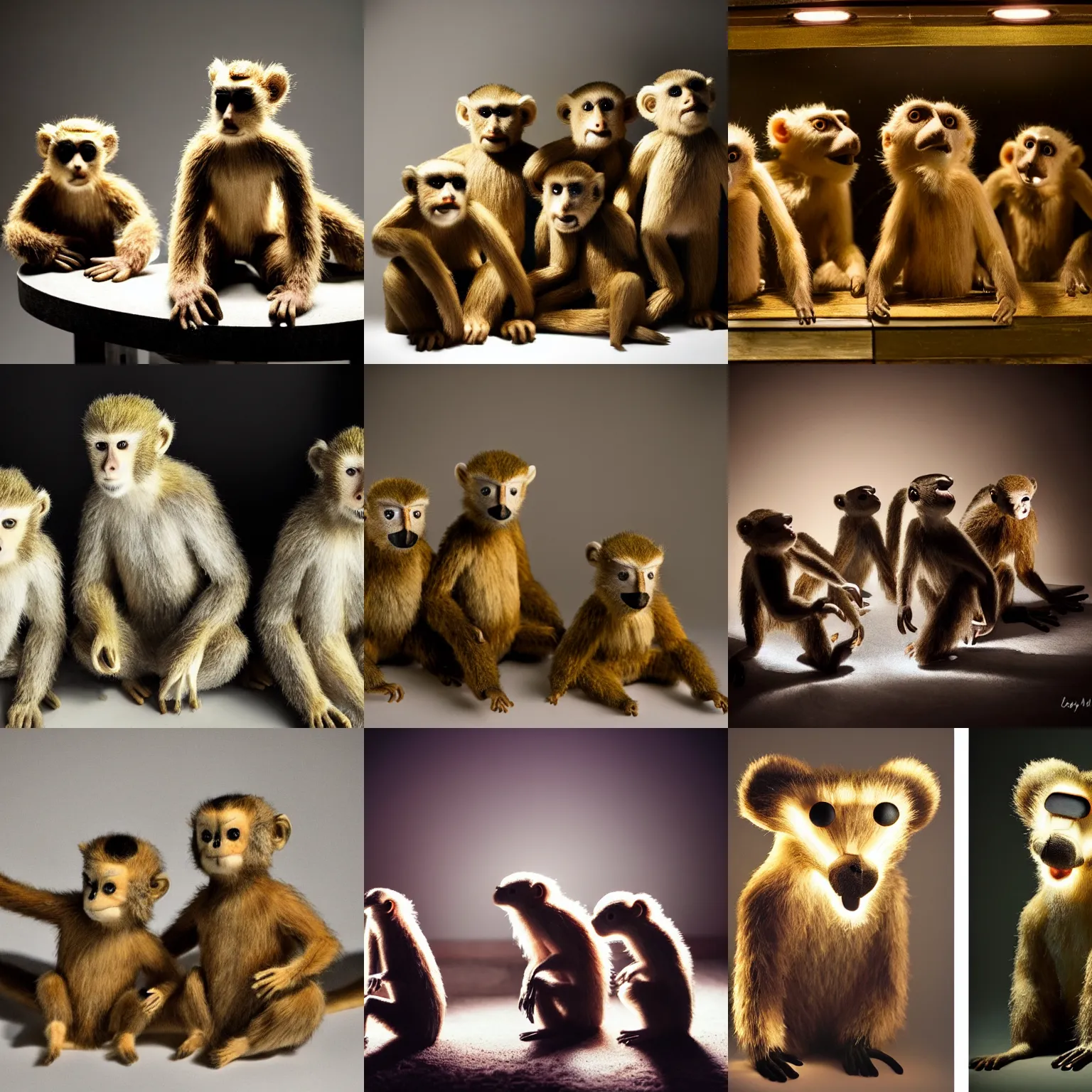 Prompt: a few taxidermy monkeys, dramatic lighting, film still