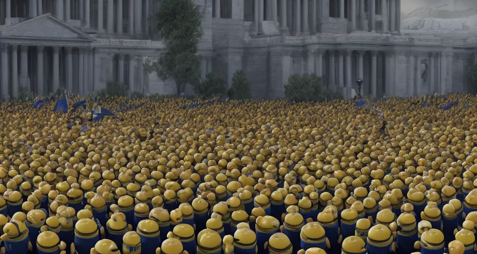 Image similar to 4K physically based octane render footage of a bunch of Minions, storming the Capitol, waving signs, carrying torches, photorealistic