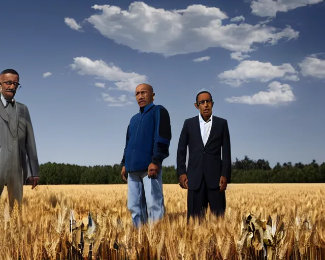 Image similar to extreme long shot of walter white and gustavo fring standing in front of each other from a distance in a wheat field, low angle, side view, 8 5 mm photograph, 8 k resolution, wide shot, sharp lens