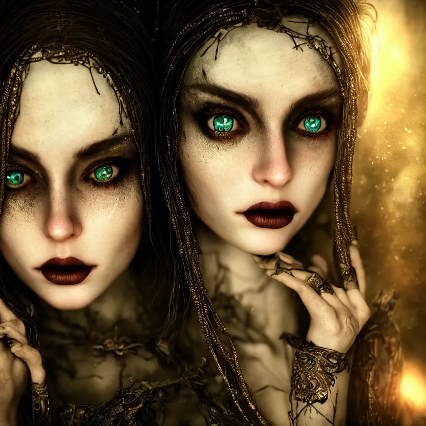 Image similar to enchanting femenine witch, hyper attractive, seductive, very complex, hyper - maximalist, overdetailed, legendary cinematic, darkfantasy, archetype with timeless beauty breathtaking eyes, highly intricate, realism, perspicious detail, silent hill aesthetic, photorealistic, lifelike, dslr 8 k, unbeatable coherency, octane render