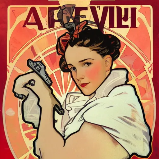 Image similar to a portrait of Rosie the riveter by Alphonse Mucha, art nouveau card, concept art, wlop, trending on artstation, 8k