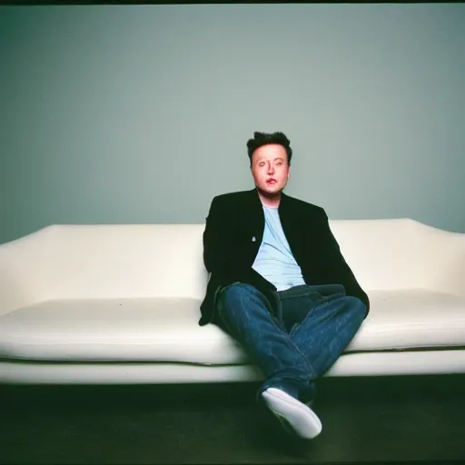 Image similar to bored elon musk with torned dirty t-shirt lying on a couch cinestill 800t