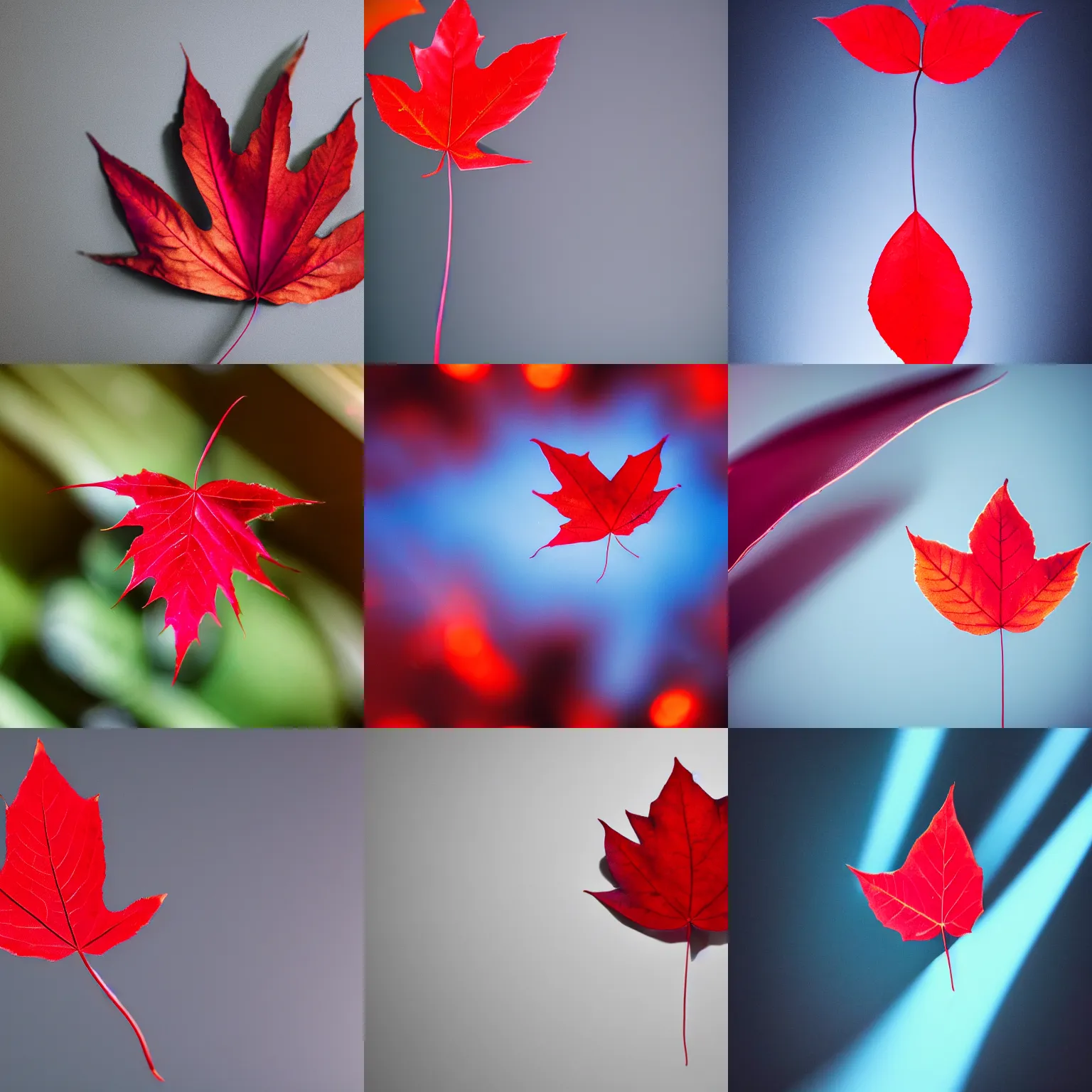 Prompt: A studio photograph of a red leaf above a bright blue light shining through, XF IQ4, 150MP, 50mm, F1.4, ISO 200, 1/160s, natural light, Adobe Lightroom, photolab, Affinity Photo, PhotoDirector 365, 4k, trending on Artstation, award-winning