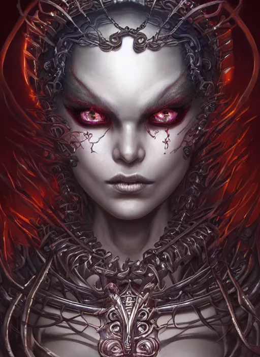 Image similar to a hyper detailed face portrait of the queen of blades, diablo 4 lilith, by yusuke murata, by hiroya oku, by dorian cleavenger, by tom bagshaw, by zdzisław beksinski, trending on artstation