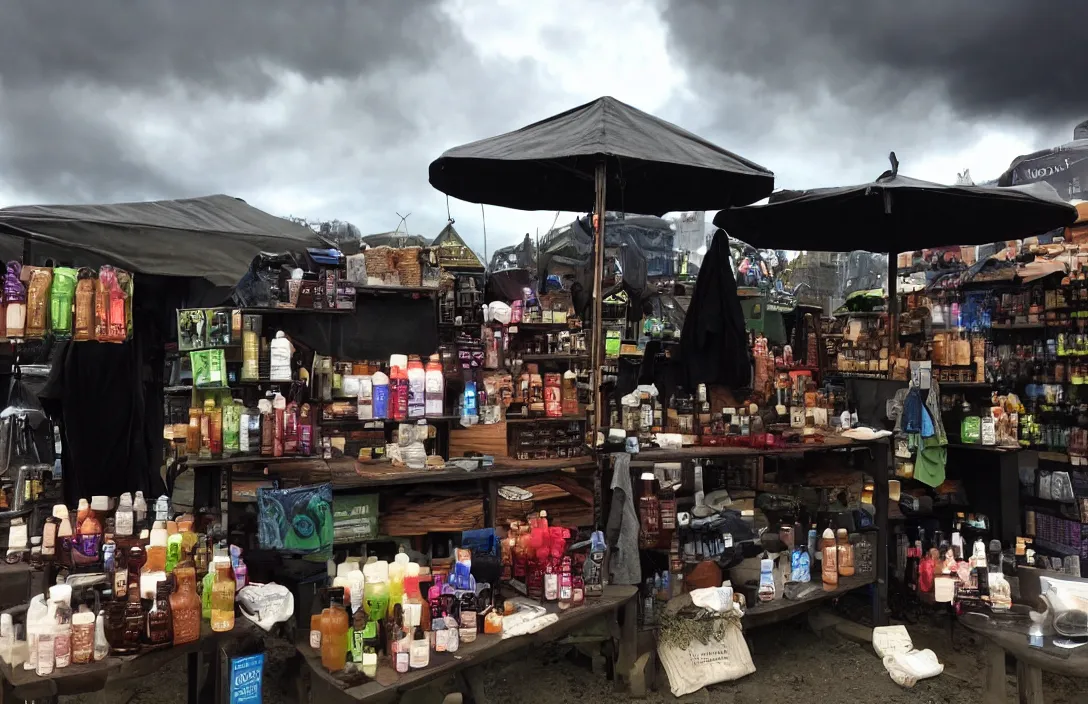 Prompt: market stall in Mordor with dark sky. An orc is selling dark toiletries and body parts