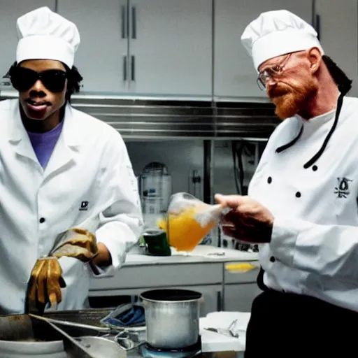 Prompt: Michael Jackson and Walter white cooking in the lab