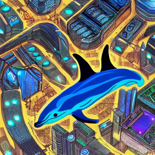 Prompt: an alien dolphin city, sci-fi digital art illustration,