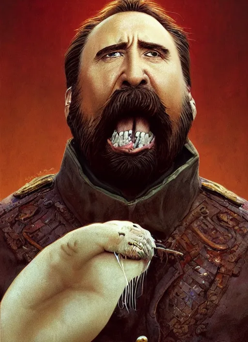 Image similar to portrait of walrus nicolas cage, highly detailed, centered, solid color background, digital painting, artstation, concept art, smooth, sharp focus, illustration, artgerm, donato giancola, joseph christian leyendecker, les edwards, ed repka, wlop