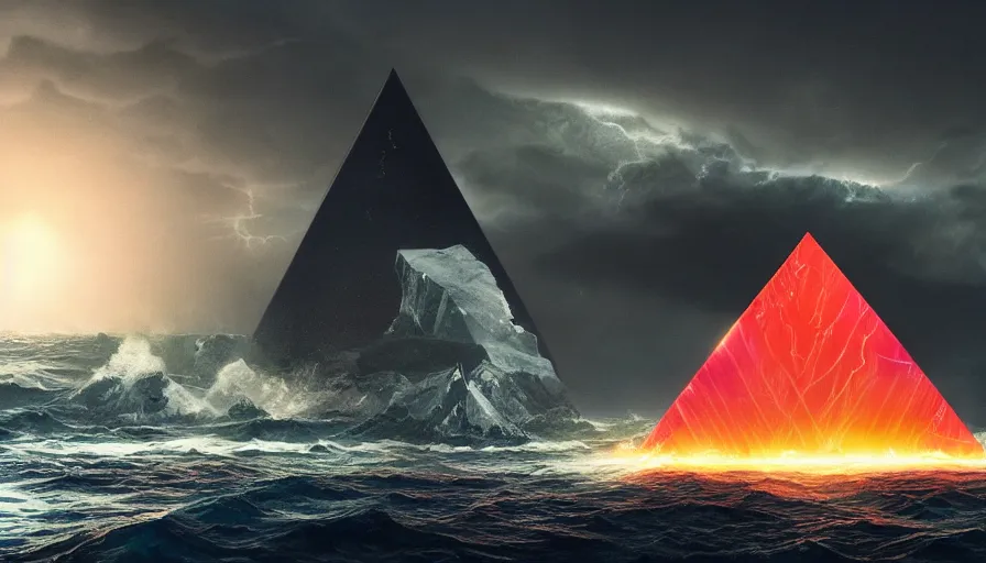 Prompt: black pyramid in the middle of a stormy ocean, art direction by beeple, rembrandt lighting, unreal engine, 4 k, high detail