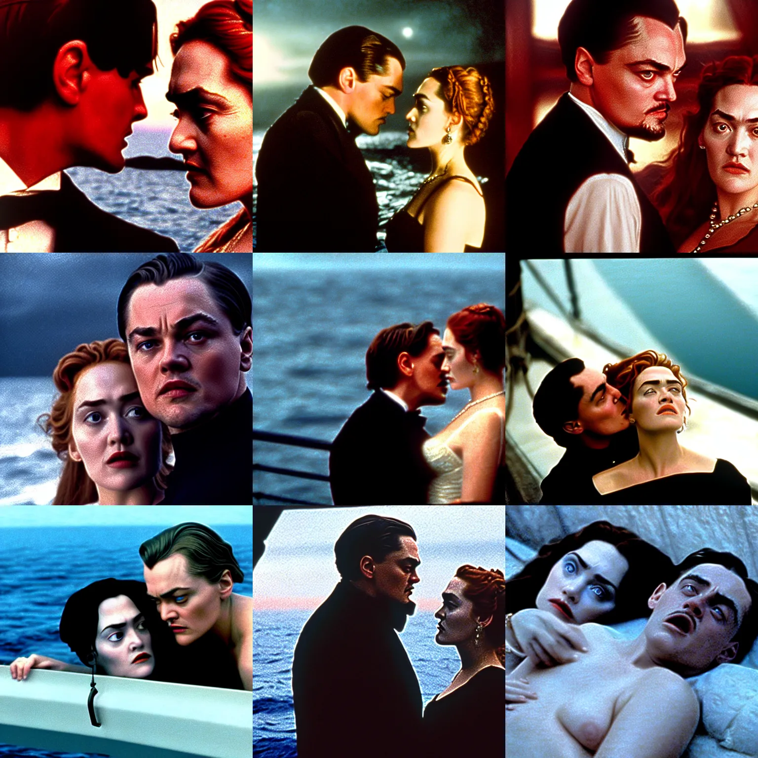 Prompt: kubrick stare. titanic ( 1 9 9 7 ) kate winslet, leonardo dicaprio. close - up movie still directed by james cameron. sinister rose dewitt bukater freezes jack dawson to death in the ocean under the moonlight.