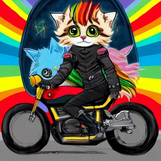 Image similar to wide angle full body, jacket wearing fluffy cute rainbow kitten wearing a black leather motorcycle jacket, riding on a motorcycle, cinematic concept art