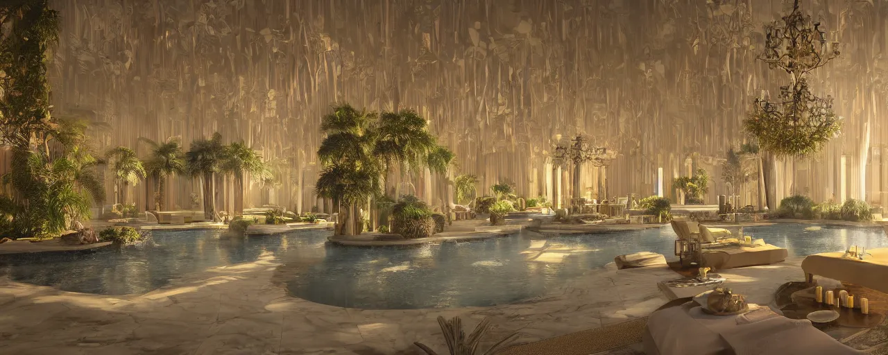 Prompt: surreal hyper luxury spa with intricate golden details with view to arid mountains and palm forest, god rays, candles, ultra detailed, photorealism, sharp focus, volumetric light, global illumination