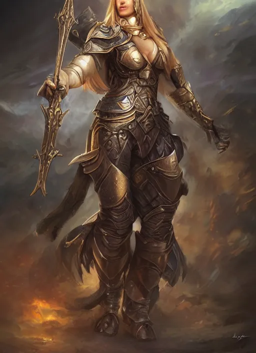 Image similar to a strong female paladin, full body, 8 k, hyperrealistic, hyperdetailed, fantasy portrait by laura sava