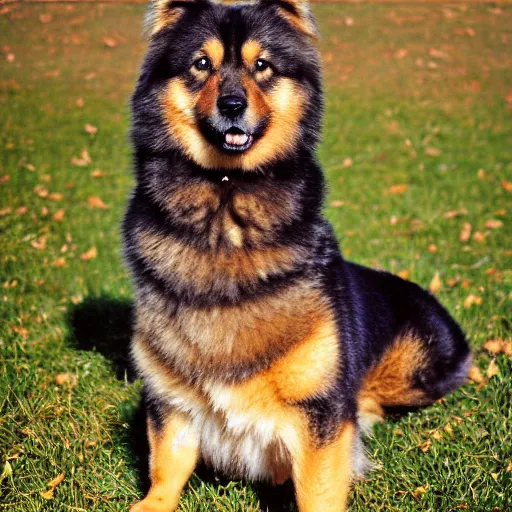 Image similar to excited brown and tan domino finnish lapphund, 35mm photograph