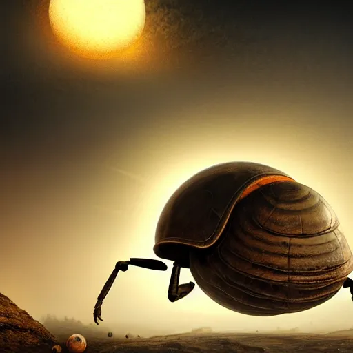 Image similar to a giant dung beetle pushing a metallic orb through the wastes of an ancient city, photorealistic, ultra detailed, eerie lighting, foggy, deep shadows, 4 k,