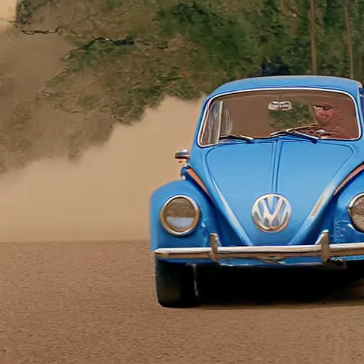 Prompt: promotion movie still of a ( volkswagen beatle ) racing down a dusty back road. cinematic, 4 k, imax, 7 0 mm