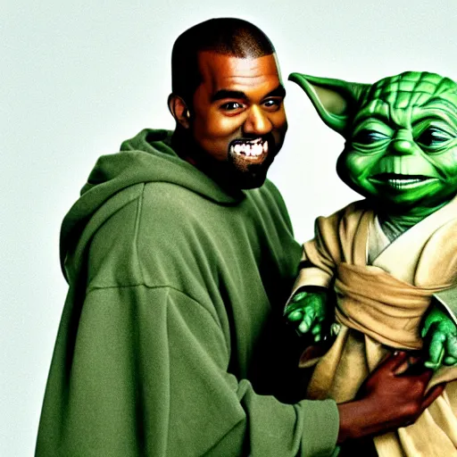 Image similar to kanye west smiling and holding yoda yoda for a 1 9 9 0 s sitcom tv show, studio photograph, portrait