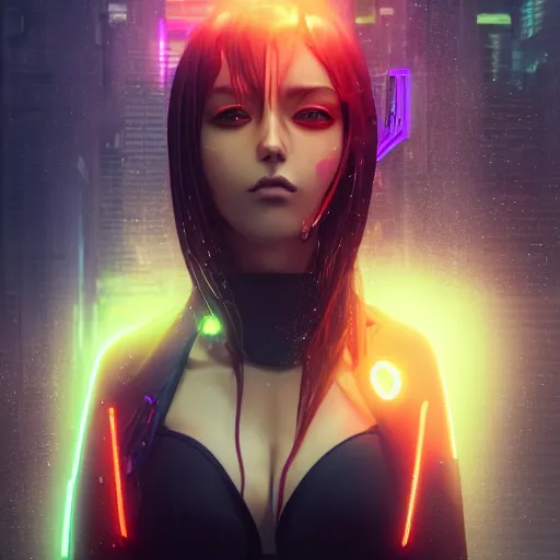 Image similar to anime woman portrait made out of rain, beautiful, cyborg, stylish suit, cyberpunk background, neon, rendered in octane, unreal engine, matte painting, sharp focus, trending on artstation, futuristic