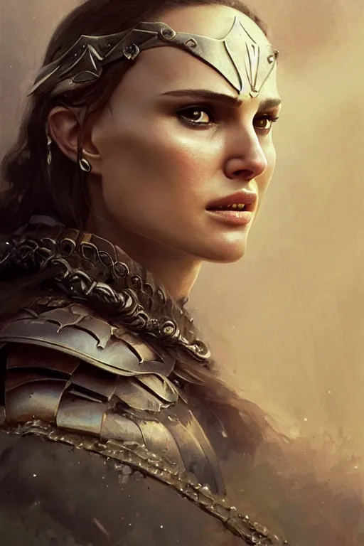 Image similar to natalie portman, legendary warrior, heroic, lord of the rings, tattoos, decorative ornaments, battle armor, by carl spitzweg, ismail inceoglu, vdragan bibin, hans thoma, greg rutkowski, alexandros pyromallis, perfect face, fine details, realistic shading photorealism