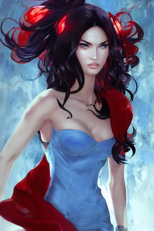 Image similar to Megan Fox in red back light using a pale blue summer dress in a blade and soul spinoff artbook rendered by the artist Taran Fiddler, Joe Madureira, Nadezhda Tikhomirova, Jiyun Chae, Lê Long, trending on Artstation by Hyung Tae Kim, artbook, Stanley Artgerm Lau, WLOP, Rossdraws , James Gurney