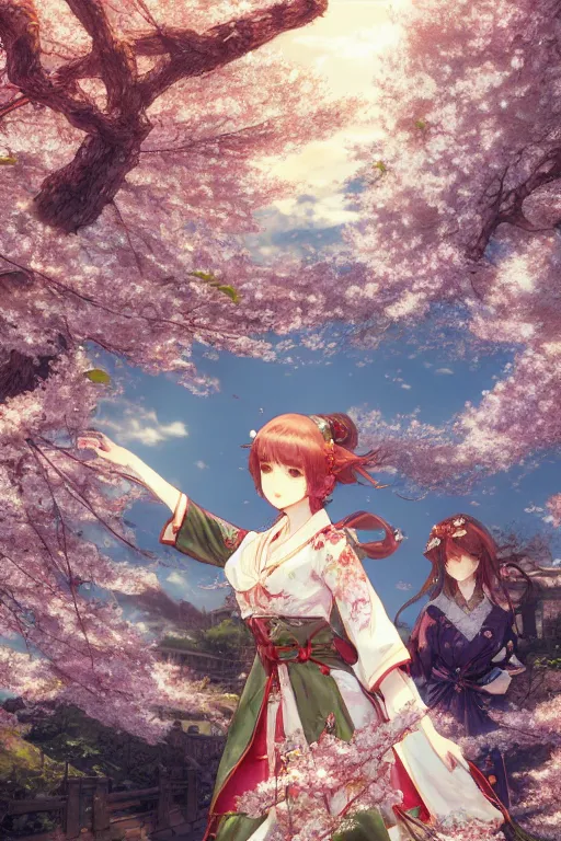 Prompt: the emerald herald under a cherry blossom tree, hidari, color page, tankoban, 4K, tone mapping, Akihiko Yoshida