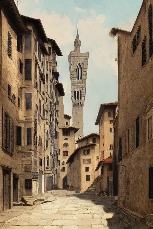 Image similar to florence old street in 1 6 th century with a tower in background by hiroshi yoshida, trending on artstation