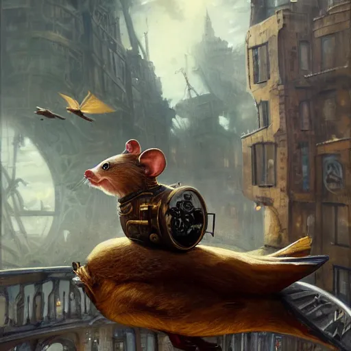 Image similar to oil painting of steampunk hamster, riding on giant duck, steampunk city background, sharp focus, fantasy style, octane render, volumetric lighting, 8k high definition, by greg rutkowski, highly detailed, trending on art Station, explosions, magic the gathering artwork, centered