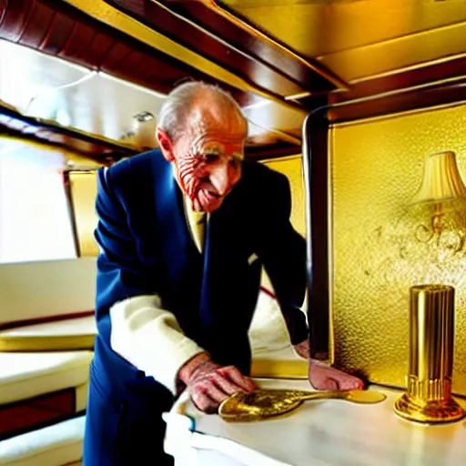 Image similar to wrinkled hunchbacked old butler polishing the side of a gold plated mega yacht