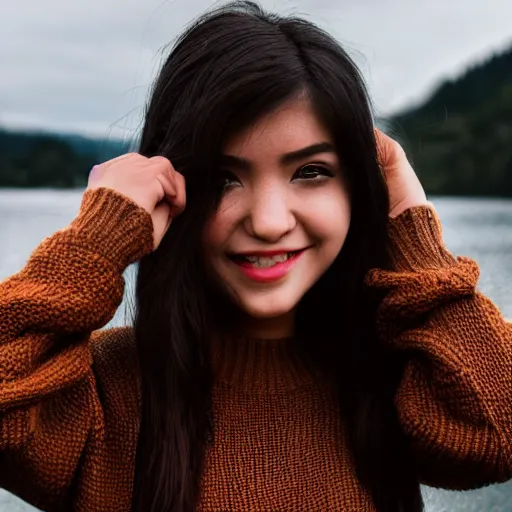 Image similar to real life photo of a beautiful girl, full body photoshoot, long black hair, brown eyes, full round face, short smile, brown sweater, lake setting, cinematic lightning, medium shot, mid - shot, highly detailed, trending on artstation, unreal engine 4 k, 8 0 mm, 8 5 mm, cinematic wallpaper