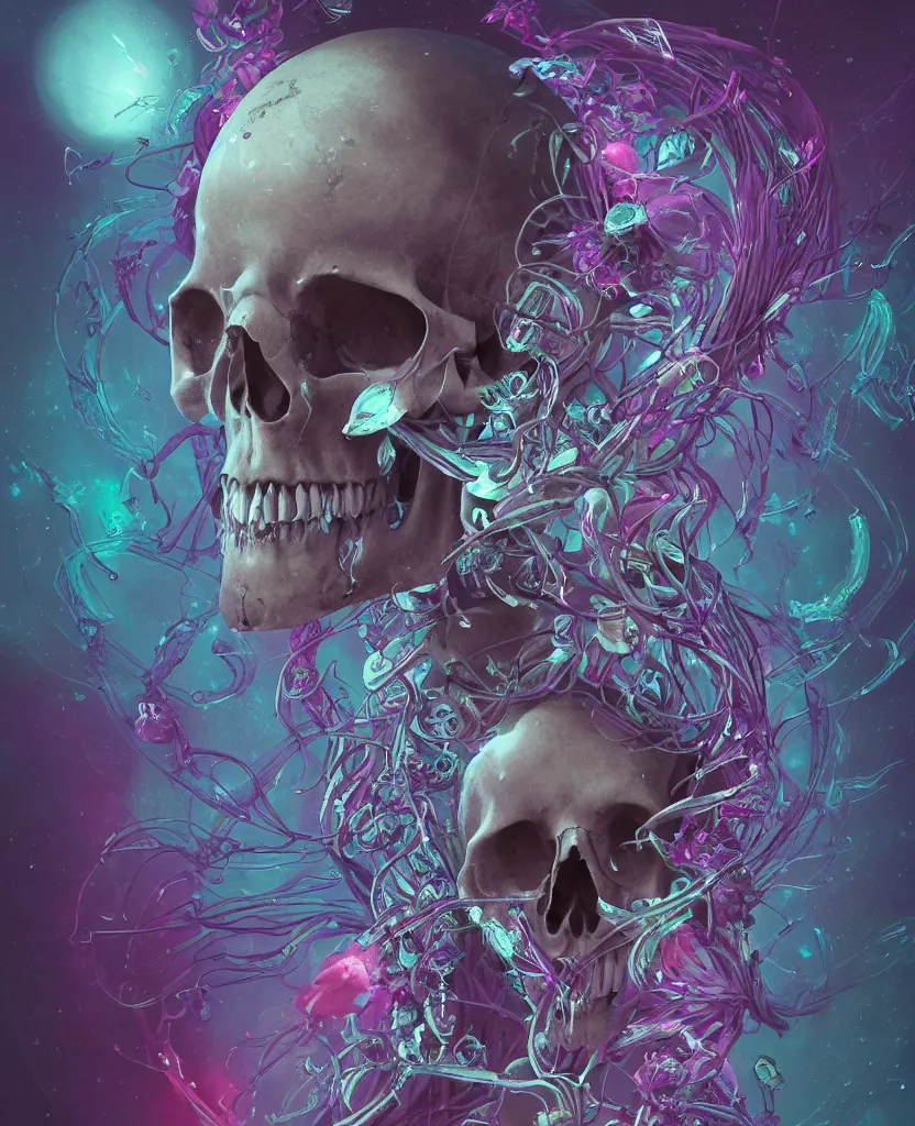 Prompt: close-up portrait goddess skull, thorax, x-ray, backbone, jellyfish phoenix head, nautilus, orchid, skull, betta fish, bioluminiscent creatures, dark deep background, intricate artwork by Tooth Wu and wlop and beeple. octane render, trending on artstation, greg rutkowski very coherent symmetrical artwork. cinematic, black and white, contrast, hyper realism, high detail, octane render, 8k