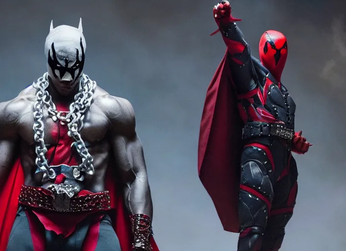 Image similar to film still of michael b jordan as spawn in the new spawn movie, giant chains, large cape, 8 k