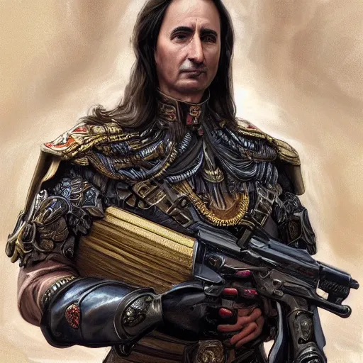 Image similar to portrait of stoic looking john oliver as the vigo carpathian painting, military uniform, fantasy, intricate, elegant, beautiful, highly detailed, centered, dark, smokey, digital painting, artstation, concept art, smooth, sharp focus, illustration, art by artgerm and greg rutkowski and alphonse mucha