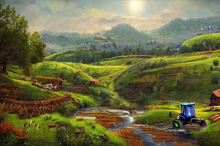 Image similar to digital masterpiece artwork of robots farming on a hillside overlooking a creek, by peter alexander