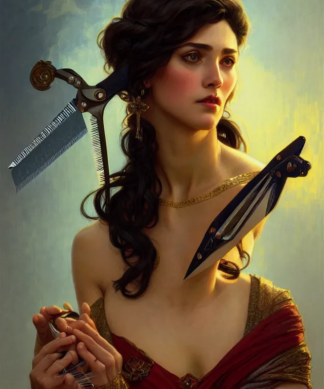 Image similar to portrait of biblical delilah holding shears, intricate, headshot, highly detailed, digital painting, artstation, concept art, sharp focus, cinematic lighting, illustration, art by artgerm and greg rutkowski, alphonse mucha, cgsociety