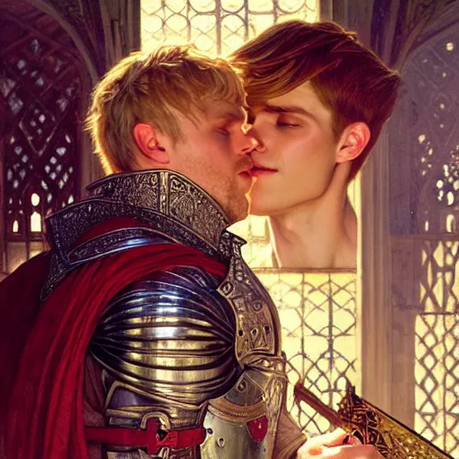 Image similar to attractive arthur pendragon and his favourite attractive male knight, they are in love, camelot, natural lighting, path traced, highly detailed, high quality, digital painting, by gaston bussiere and ross tran and j. c. leyendecker and alphonse mucha