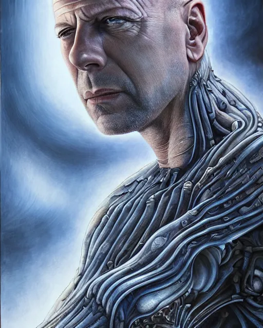 Prompt: bruce willis, by antonio j. manzanedo, giger, alex grey, android jones, wayne barlowe, philippe druillet, raymond swanland, cyril rolando, josephine wall, harumi hironaka, trending on artstation