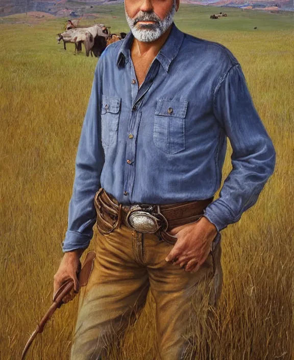 Image similar to portrait of george clooney as a rural texas rancher, art by denys tsiperko and bogdan rezunenko and julian onderdonk, hyperrealism