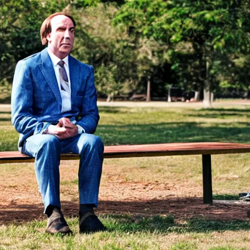 Image similar to saul goodman sitting at a park picnic bench