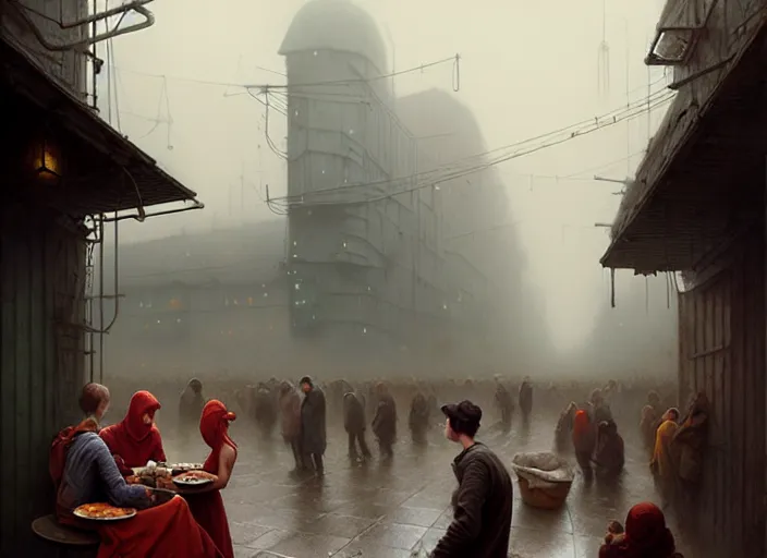 Prompt: waiting in line for cold soup by gil elvgren and tom bagshaw marc simonetti and quint buchholz, slums, highly detailed, hyperrealism, dreary, cold, cloudy, grey, smog, high contrast, solarpunk