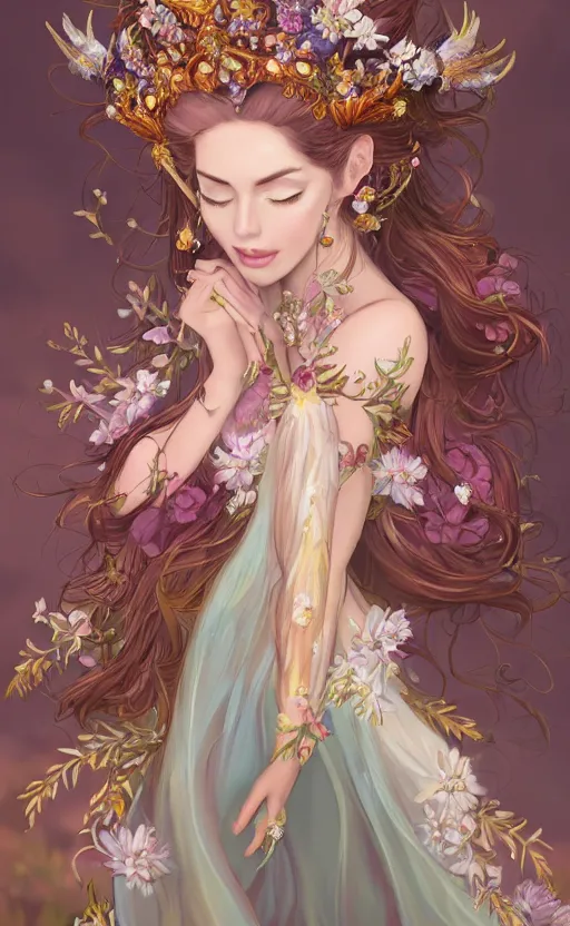 Image similar to A beautiful fantasy empress, full body, just one head, flower tiara, long hair, wearing dramatic aristocrat robe, delicate figure, field of fantasy flowers, foxes and deer, epic composition, ultra wide-shot, dynamic pose, concept art, beautifully lit, digital painting, smooth, character design, sharp focus, elegant, intricate, trending on artstation, by WLOP and James Jean and Victo Ngai