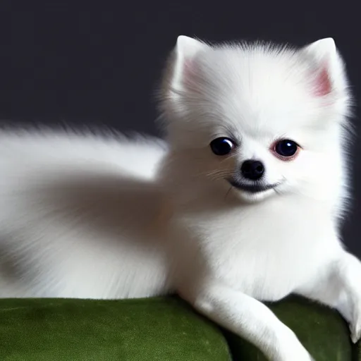 Prompt: small white pomeranian chihuahua dog on a green velvet sofa, photorealistic, hyper detailed, 8k, tight focus, masterpiece, trending on artstation