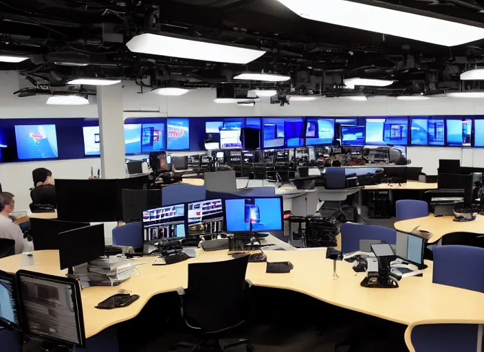 Prompt: television newsroom set