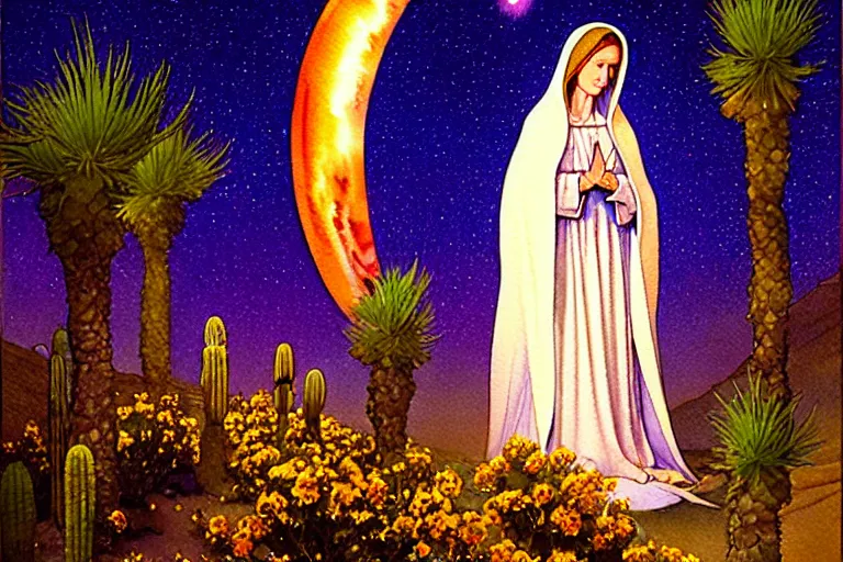Image similar to a hyperrealist watercolour character concept art portrait of the blessed mother of guadalupe, glowing on well lit night in las vegas, nevada. there is a ufo in the background. desert elements. flowers adorn. beautiful gradients. by rebecca guay, michael kaluta, charles vess and jean moebius giraud