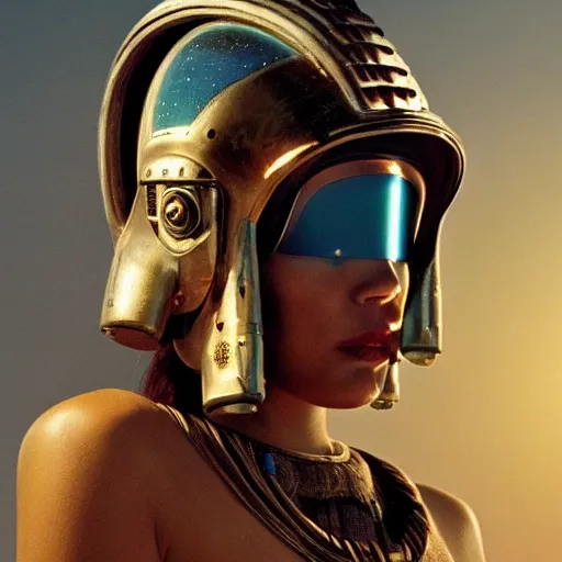 Prompt: beautiful Fine art photo of a young woman wearing a cyberpunk mayan helmet, photorealistic, high quality, sunset lighting, in the movie 2001 A SpaceOdyssey, 8k