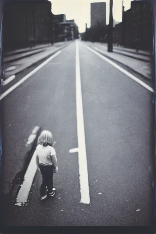 Image similar to photo polaroid of sad and lonely child in the middle of an empty street in a big city, photorealistic, 35mm film, black and white, polaroid,