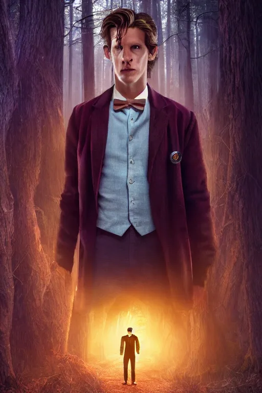 Prompt: Eleventh Doctor, half-body portrait, magical, forest, evening, yellow mist, Doctor Who, symmetrical face, large eyes, hyper realistic, digital art, octane render, trending on artstation, artstationHD, artstationHQ, unreal engine, 4k, 8k