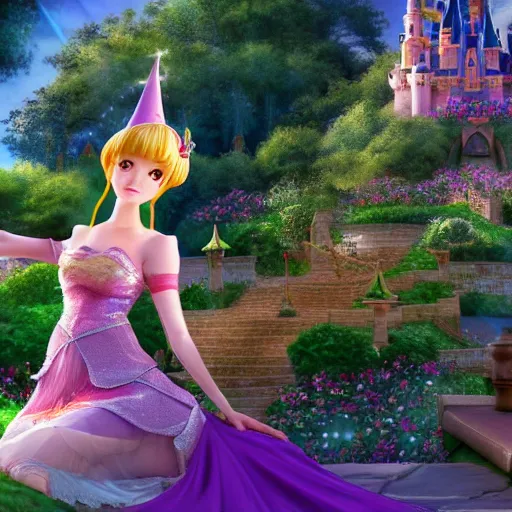 Image similar to a pleasant, beautiful, funny, smooth 3D CG render, semirealistic anime style, a noble priestess magician princess girl wearing dress and jewelry, in a glorious magic kingdom with castle and walls, relaxing calm vibes, fairytale